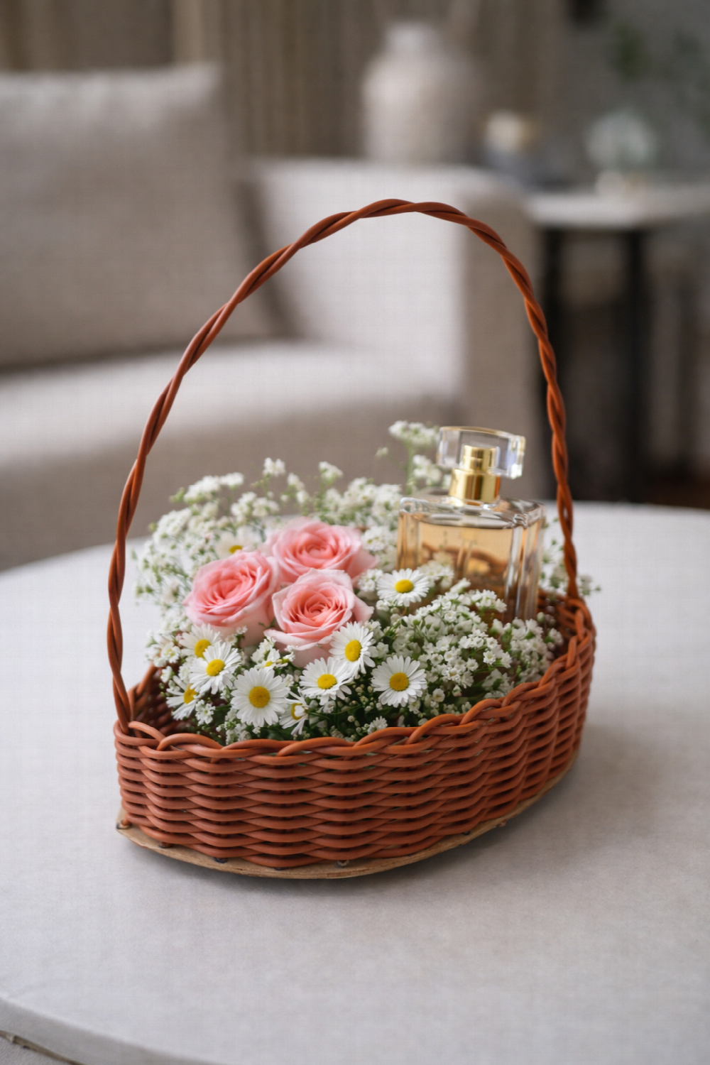 Cesta feita em formato de folha com fio sintetico.